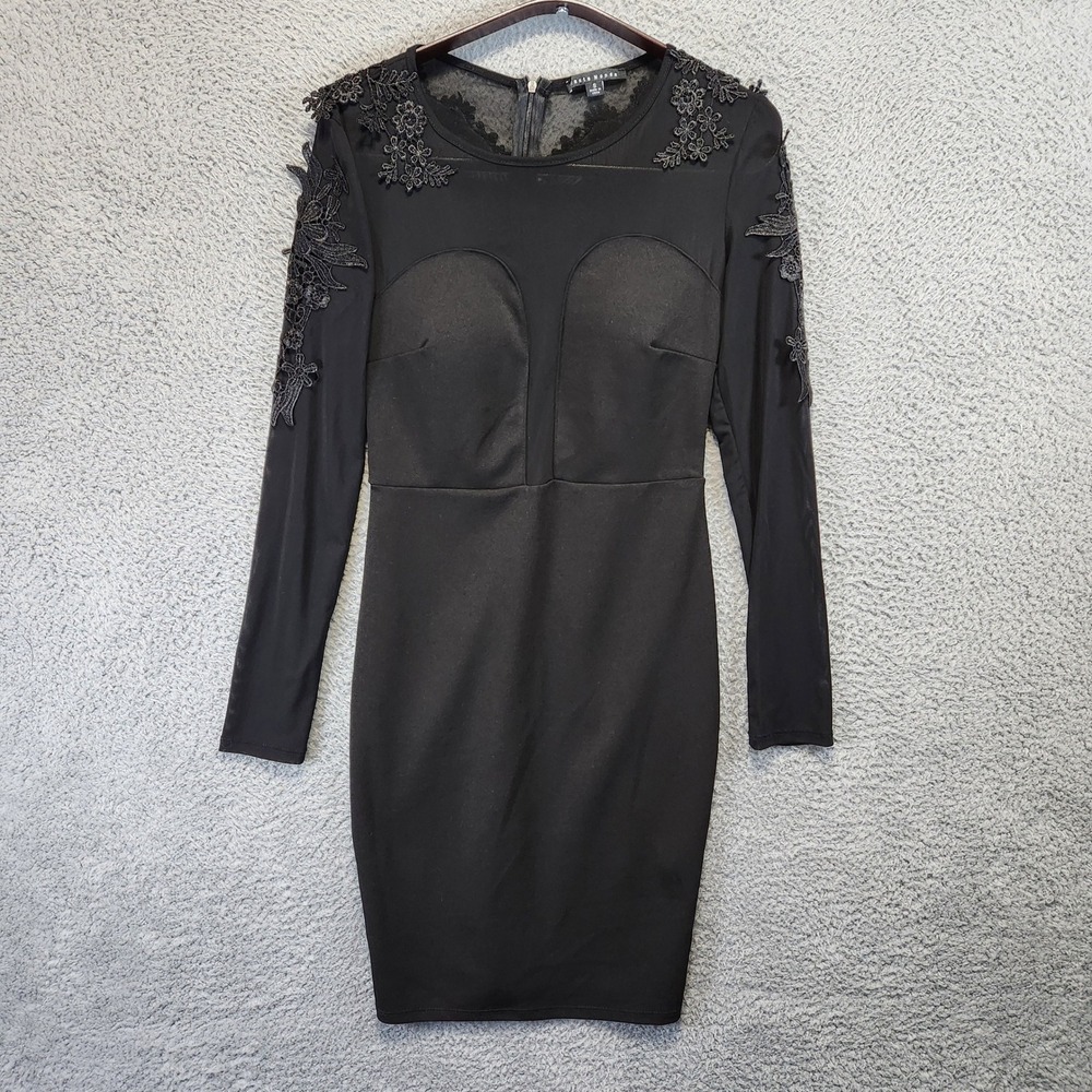 Haute Monde Black Lace Long Sleeve‎ Dress Womens Small Floral Zip Back Bodycon
